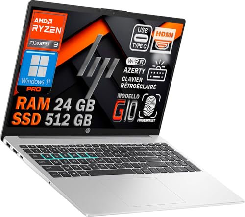 PC HP Ordinateur Portable 15,6″ Slim en Aluminium – AMD Ryzen 3 7330U 2,3–4,3 GHz | 512 Go SSD NVMe | 24 Go DDR4 (2×slot) | Windows 11 Pro | Clavier AZERTY rétroéclairé & lecteur d’empreintes | WIFI 6