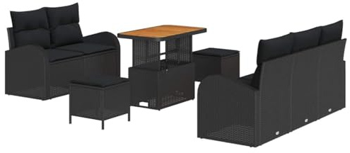 vidaXL 8-teiliges Gartensofa-Set in Schwarz mit Kissen – UV-beständig, aus Poly-Rattan, mit einem Tisch aus Akazienholz. Perfekt für die Terrasse, vielseitig einsetzbar für den Sommer und Frühling.