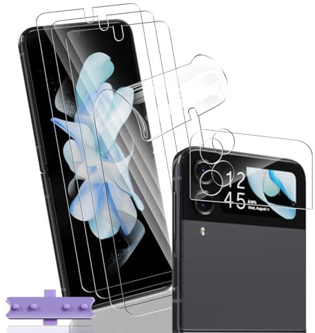 Yonntmmi Protection d'écran pour Galaxy Z Flip 4 Non-Verre Trempé, 4 Pièces Protection d'écran Film Flexible + 1 Pièces Arrière Caméra Verre Trempé, Haute définition pour Galaxy Z Flip 4