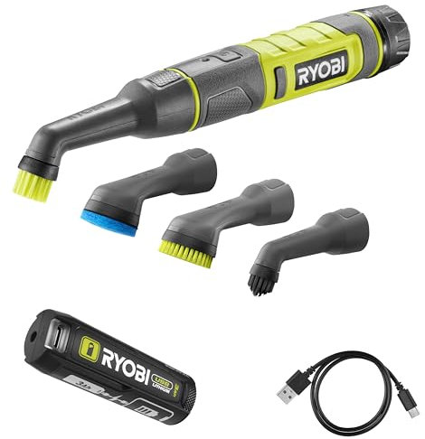 RYOBI - Brosse 4 Volts pour Nettoyage évier, lavabo, Douche, Plastique, céramique - Livrée avec 4 brosses, sa batterie 3,0 Ah et son cable de chargement