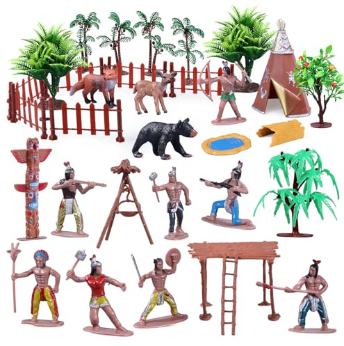 kukifun 31-teiliges Native American Dorf-Set, Figuren Zubehör wie Tipi, Totempfahl, Zaun, Tiere & Bäume für kulturelle Bildung & Schulprojekte