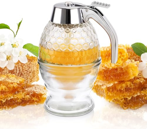 SUMNACON Dispensador de miel de cristal, recipiente de miel con soporte y asa, olla de miel con salsa de miel, dispensador de jarabe, tarros de miel fáciles de limpiar, lata de miel para mesa de
