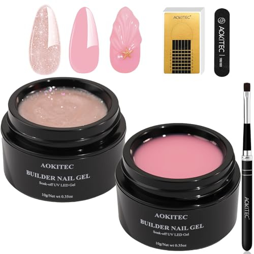 Kit de gel de construction pour ongles Aokitec 2 pièces - Gel dur de construction rose pailleté avec 100 capsules et pinceau pour extensions, réparations, french manucure et renforcement des ongles