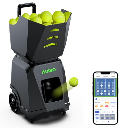 ADIBO Tennisballwerfer mit internem Oszillator, echter Programmierung, Dual-Motoren für Topspin & Backspin, 160+ Ballen Fassungsvermögen, 6 Stunden Dauerbetrieb und Stabiler Spannungsregelung