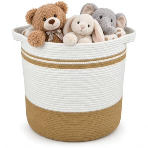 Celley Wäschekorb aus Baumwollseil 45 cm – Braun & Weiß Geflochtener Korb mit Griffen