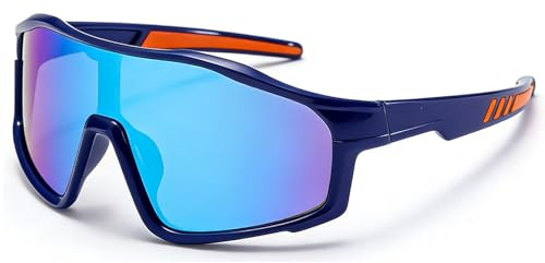 CIKJUK Lunette de Soleil Enfant Sport - Cadre Flexible en Silicone Protection UV Cyclisme vtt Ski Course à pied Cricket Lunettes de soleil Garçon Fille Miroir - Bleu/Bleu
