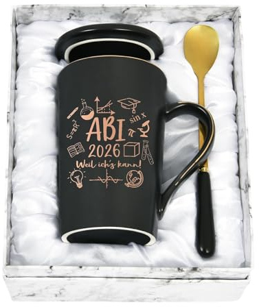Diztoud Abi 2026 Geschenk Kaffeetasse, Abitur 2026 Geschenke Mädchen, Junge, Abi 2026 Weil ich's kann Tasse, Abschluss Geschenk, 400ML Rosa Keramik Marmorbecher mit Deckel, Löffel und Geschenkbox