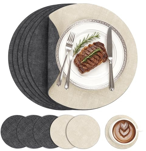 Homodeco Placemats Set of 6 Round Dual Sided Faux Leather Table Mats | Heat Resistant Washable Non Slip Waterproof PU Leather Place Mats for Dining Table Kitchen Indoor Outdoor (Grey Beige)