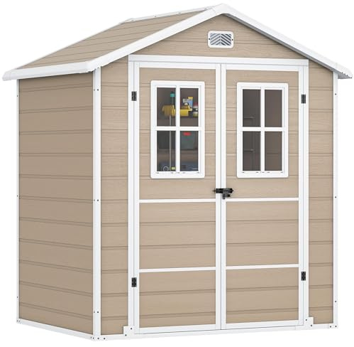 DWVO Kunststoff Gerätehaus 6x4,4 Fuß (ca. 170x123x207 cm) mit 2 Sichtfenstern, abschließbare doppelwandige Gartenbox für Rasenmäher & Gartengeräte –Beige
