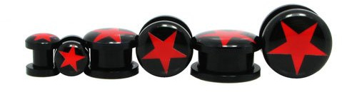 JewelryWe Schmuck Tunnel Piercing Screw ON Plugs Schraubtunnel Plastik Ohr Plug mit Rot Sternen Schwarz EIN Paar