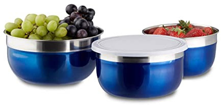 Relaxdays Set di Ciotole con Coperchio 3 pz Diverse Misure Scodelle in Acciaio Inox da Cucina e Campeggio, per Provviste Blu