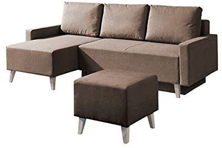 Polstergarnitur Oviedo I Ecksofa mit Bettkasten und Schlaffunktion, Hocker, Sitzhocker, Fußbank, Eckcouch, Polstermöbel im skandinavischen Stil (Moric 03, Füße: San Emo Eiche Hell)