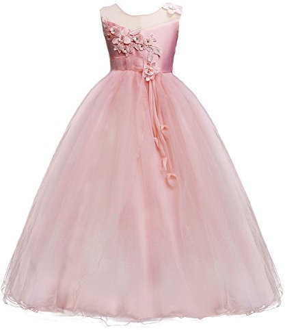 IBTOM CASTLE Fiore Ragazze Bambina Lungo Cerimonia Ricamo Vestito Elegante Bambini Principessa Formale Pageant Rosa 13-14 Anni