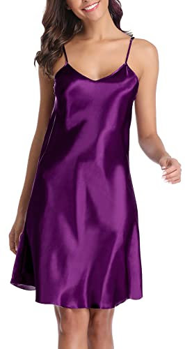 Vlazom Women Negligees Satin Nightdress Spaghetti Strap Chemises Slip V Neck Sleepwear Nightgown, L(UK 12), Dark Purple
