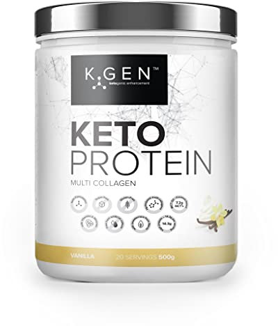 K-GEN Keto Collagen Shake Protein Powder Natural Vanilla Multi-Collagen Blend with Coconut MCT Oil, Vitamin C+B6, Stevia | UK Made for Diet, Fat Loss | Low Carb Zero Gluten & Sugar Free