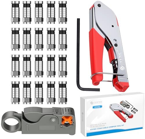 eSynic Professional Coax Crimping Tool F Type Connector Compression Tool Set Coax Cable Crimper Tool Kit for RG6 with 20Pcs RG6 Coaxial Cable Connectors and a Adjustable Rotary Coaxial Cable Cutter