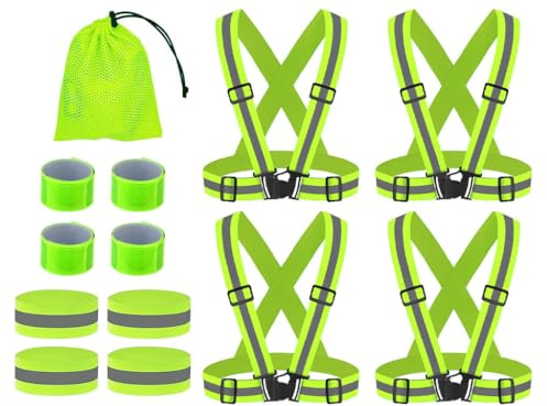 Anlising 4PCS Regolabile Gilet Catarifrangente+4PCS Braccialetti di Riflettenti+4PCS Bracciale Riflettente, Gilet Riflettente ad Alta visibilità con Borsa di Stoccaggio, per Corsa, Ciclismo