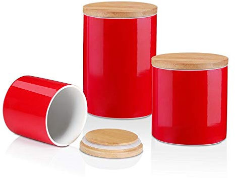LOVECASA Vorratsdosen aus Porzellan, 3 Stück, mit Bambusdeckeln, Dichtungsring aus Silikon, Lebensmittelbehälter zum Servieren von Zucker, Tee, Kaffee, Snacks, 1200 ml, 800 ml, 400 ml, Rot