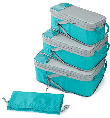 BAGSMART Kleidertaschen Set 4 Teilig packtaschen Kompression Packwürfel Set mit Wäschesack für Rucksack,reise organizer,Koffer Organizer auf Travel,Blau