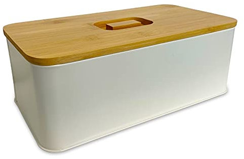 Brotkasten ALVA PRO Brotaufbewahrung aus Metall in Creme Farbe mit Bambus Deckel - Maße (L/B/H): 33,5 x 18,5 x 12,5 cm - Brotbox