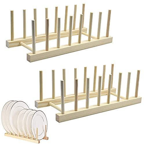 Qanye 2 Pièces Support Bambou Assiettes, Rack Plateau Rangement, Égouttoir à Vaisselle en Bambou, pour Placer de la Vaisselle, Tasses, Planches à Découper, CD, Livres