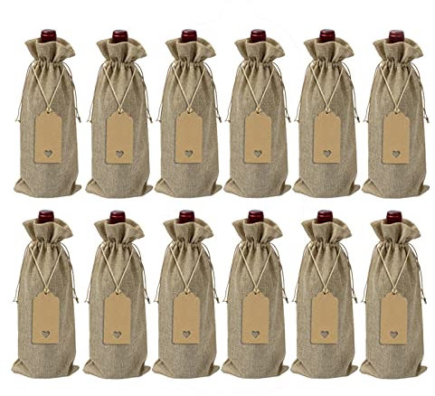 CENPEK 12 Pezzi Borsa per Vino in Tela, Sacchetti Regalo riutilizzabili per Bottiglie di Vino con Coulisse, Etichette per Regali, Matrimoni, Compleanni, Feste (Beige)