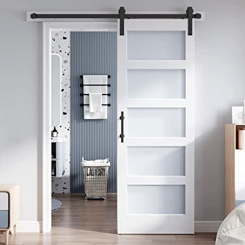 ROYMELO Lastra per porta scorrevole in vetro, 81 x 213 cm e kit hardware da 1,7 m incluso, 5 pannelli in vetro smerigliato, pannello in legno LVL rivestito con superficie in PVC bianco impermeabile