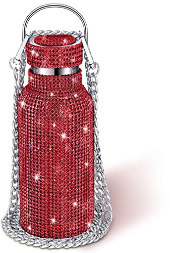 Diamond Water Bottle Bling Rhinestone Stainless Steel Thermal Bottle Refillable Water Bottle Insulated Water Bottle Glitter Water Bottle with Chain for Women Girls Gifts (Red, 500 ml)