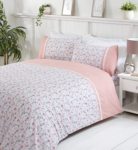 Rapport Home Penelope Floral Lace Trim Duvet Cover Set (Double, Blush),Blush Pink