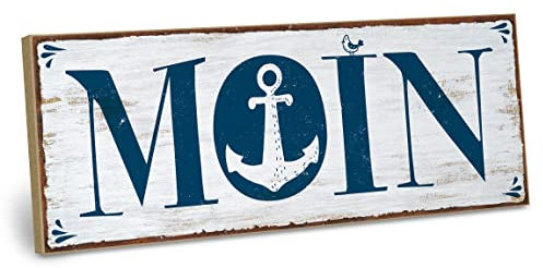 ARTFAVES® Wandbild Holzschild mit Spruch - Moin - Türschild Retro Vintage Deko Bild Geschenk - Hamburg, Nordsee, Meer, maritime Deko
