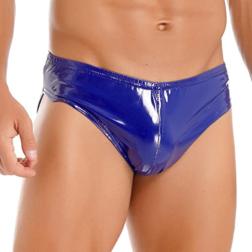 Agoky Herren Leder Boxershorts Lack glänzend Optik Wetlook sexy Unterwäsche Reizwäsche für Männer Clubwear sexy Slips Tanga Shorts Blau 4XL