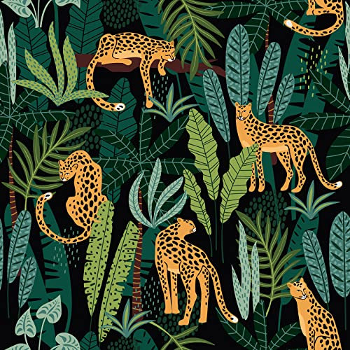 CHIHUT Leopard Print Peel and Stick Wallpaper Self Adhesive Removable Jungle Animal Wallpaper Tropical Green Leaf Contact Paper Waterproof Wall Paper Decorative Vinyl Roll for Walls Cabinet 17.7”x100”