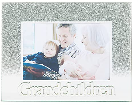 Happy Homewares Modern Silver Glitter Effect Grandchildren Glass Picture Frame with 3D Acrylic Letters - 5 x 3.5 | Freestanding Horizontal Frame