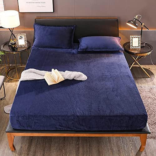 Sedefen Warme Spannbettlaken 180x200cm Dunkelblau Winter Flannell Bettlaken Plüsch Flauschige Cashmere Touch Boxspringbett Spannbetttuch für 25 bis 30cm Matraze