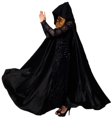 Buen Don Umhang mit Kapuze Satin Cape Mantel Lang für Hochzeit Brautkleid Fasching Halloween Kostüm Mittelalter Robe Vampir Hexen(Schwarz)