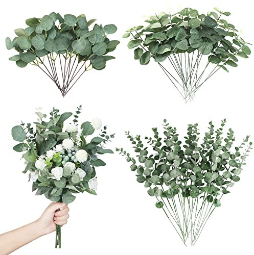 Giegxin 90 Stück 3 Arten gemischte Eukalyptusblätter, Stiele, Großpackung, künstliche Silber-Dollarblätter, getrockneter Eukalyptus, Kunstspray für Hochzeitsvase, Blumenstrauß, Blumenarrangement
