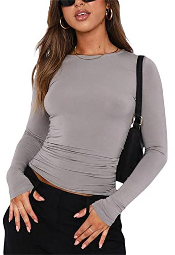 Springcmy Women's Slim Fit Crop Tops Casual Solid Color Crew Neck Long Sleeve Tight T-Shirt Basic Baby Skim Dupe Blouse Tee Tops (A1-Light Gray, M)