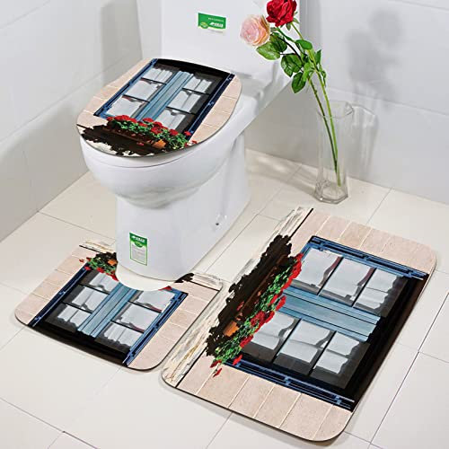 Rutschfeste Badematten 3 teiliges Set,Fensterläden Dekor, Fenster im mediterranen Stil mit Fensterläden Bild Fran,Hohe Wasseraufnahme, weiche Mikrofaser, WC-Vorleger, WC-Sockelmatte, maschinenwaschbar