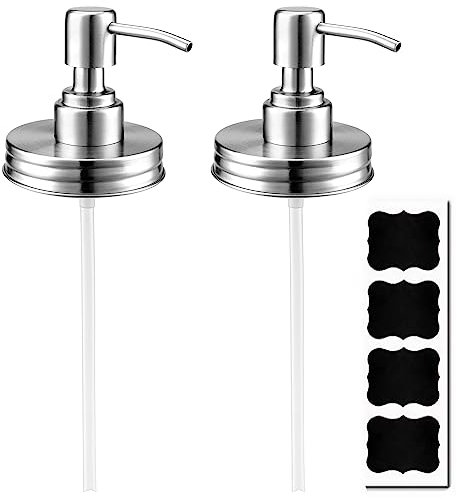 Soap Dispenser Pump Lid 2 Packs for Regular Mouth Mason Jar 16 oz with Lable 4 pcs Rust-Proof Stainless Steel Lotion Dispenser Replacement Silver Color