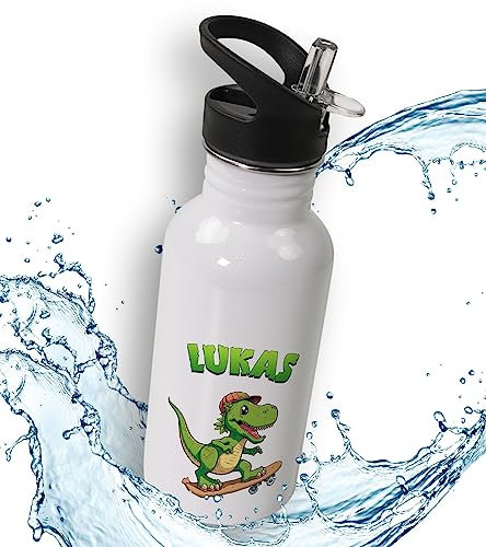 timalo® Trinkflasche Dinosaurier für Kinder personalisiert mit Namen | auslaufsichere Edelstahl Sportflasche Kindergarten Geschenk für Jungen und Mädchen 600mL | Dino 2