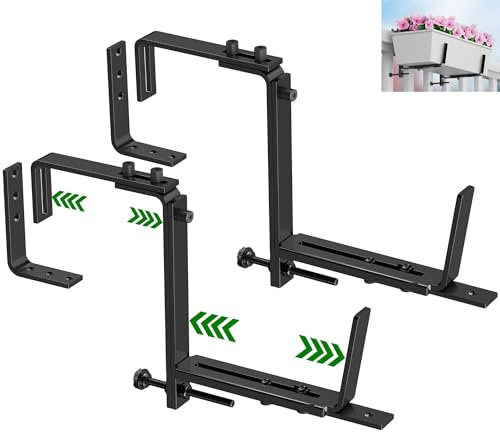 HFHOME Verstellbare Halterungen für Blumenkasten, Halterungen für Fensterkästen, Pflanzgefäße, hängende Blumenkastenhalter, robuste Wandhalterung für Fensterbänke, Garten, Zäune und Balkon, Schwarz, 2