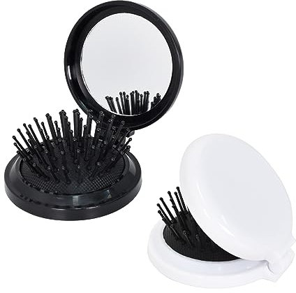 2 Piezas Cepillo de Pelo Plegable con Espejo, Redondo Peine de Viaje Plegable, Portátil Peine de Bolsillo, Mini Peine de Masaje para Hombres, Mujeres y Niñas, Negro + Blanco