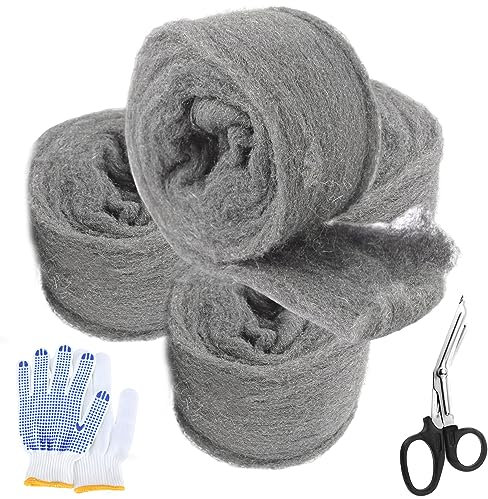 Paille de Fer Laine D'acier 0000 Fil de Nettoyage Wire Wool Ultra-Fin Anti-Rayures Boules Anti-Rongeurs en Laine de Verre(4 Rouleaux)