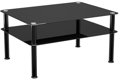 AVF Black Glass Coffee Table - Gloss Black & Black Legs - 80 x 60 x 42cm High - Tempered Safety Glass with Useful Lower Shelf - Tool Free Assembly - SDCT8060BB