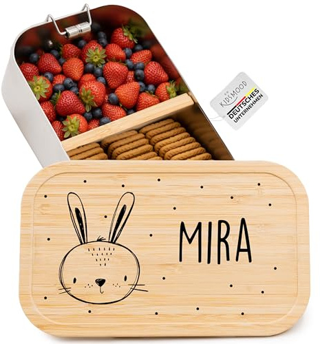 Kidsmood - Brotdose personalisiert mit Namen – Edelstahl Lunchbox mit Fächern für Kindergarten, Schule & Büro mit liebevollem Hase – Geschenk zur Einschulung für Kinder & Mädchen (1100ml)