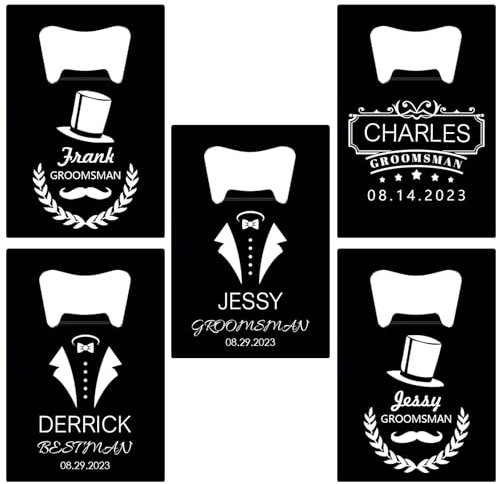 5PCS Personalised Bottle Openers Credit Card Size, Groomsmen Best Man Gifts for Wedding Bachelor Party, Stainless Steel Beer Bottle Opener, Black