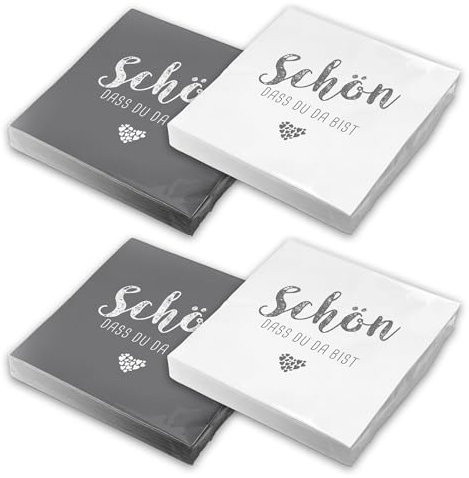 itenga Servietten Schön dass du da bist 30 x 30cm 3-lagig 80 Stück für Kommunion Konfirmation Hochzeit Taufe und andere Feiern (MixPack - 40x grau und 40x weiß)
