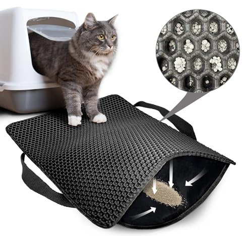 Tapis Litiere Chat, 45x60CM Honeycomb Double Couche Non-Slip Tapis de Litiere pour Chat, Imperméable et Urin Proof Tapis Chat Gamelle pour Litter Catcher (Noir 61 * 38cm)
