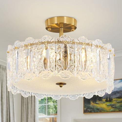 Depuley Moderne Kristall Kronleuchter, 50cm Kristall Deckenleuchte Gold, Semi Unterputz Deckenlampe LED, Leuchte mit Elegantem Design, für Wohnzimmer, Esszimmer, Schlafzimmer, Restaurant, E14 x 6