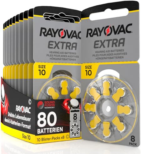 80 Hearing Aid Batteries Size 10 Rayovac Extra PR70 (Yellow) Zinc-Air with Sound Fusion Technology - 10 Blisters of 8 Batteries